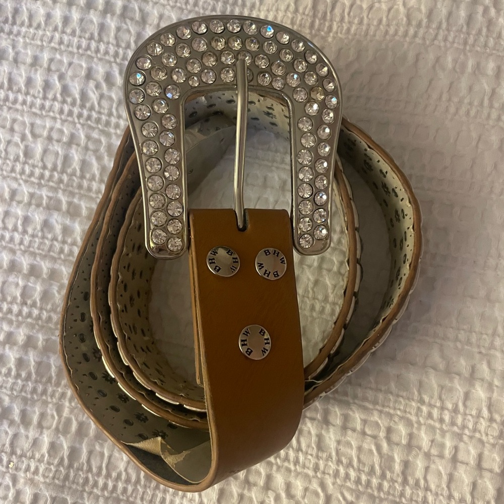 Vintage Genuine Brown Leather Belt with Rhinestone Buckle